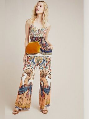 RARE FIND 🦚 NWT Anthropologie FARM RIO Zadar Jumpsuit wide leg exotic bird print